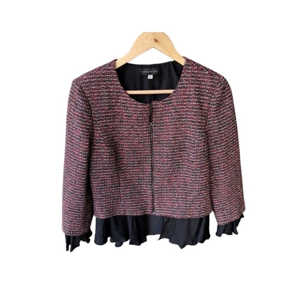 Slate And Willow Blazer Jacket Tweed Peplum Pink Business Black Zip Front Size 8